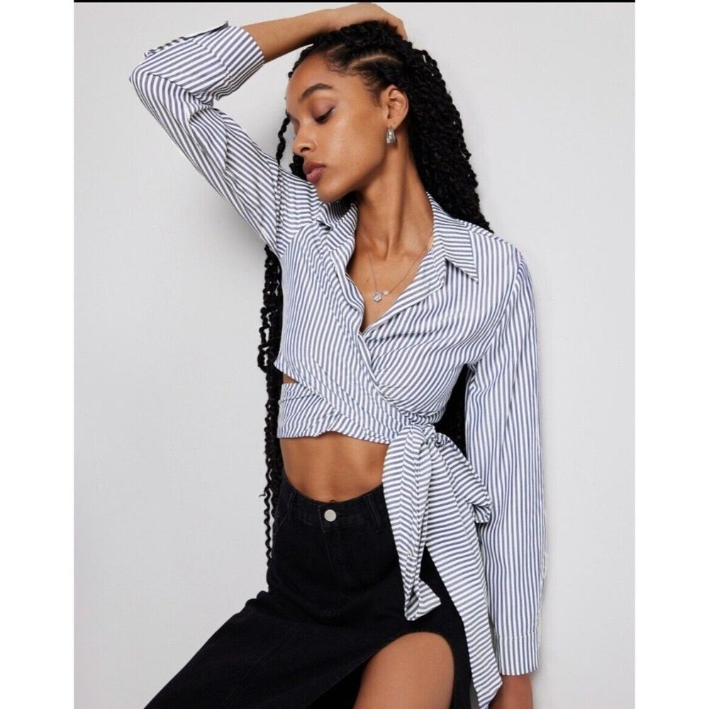 NWT Nautical Stripe Collar Cris Cross Side Front Tie Knot Top M Blue White #4453